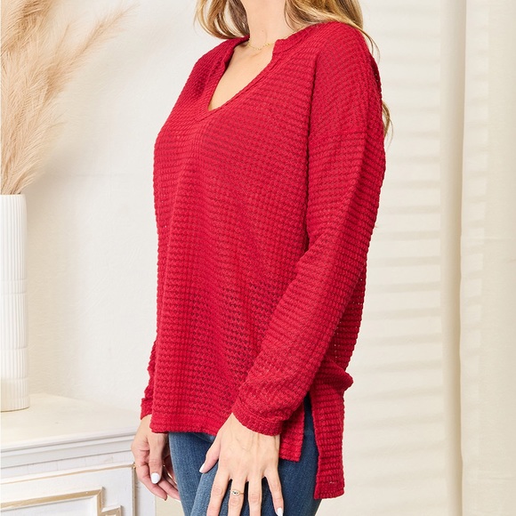 NEW Culture Code PLUS + REG Size Red V-Neck Oversized Waffle Knit Top - Picture 3 of 10